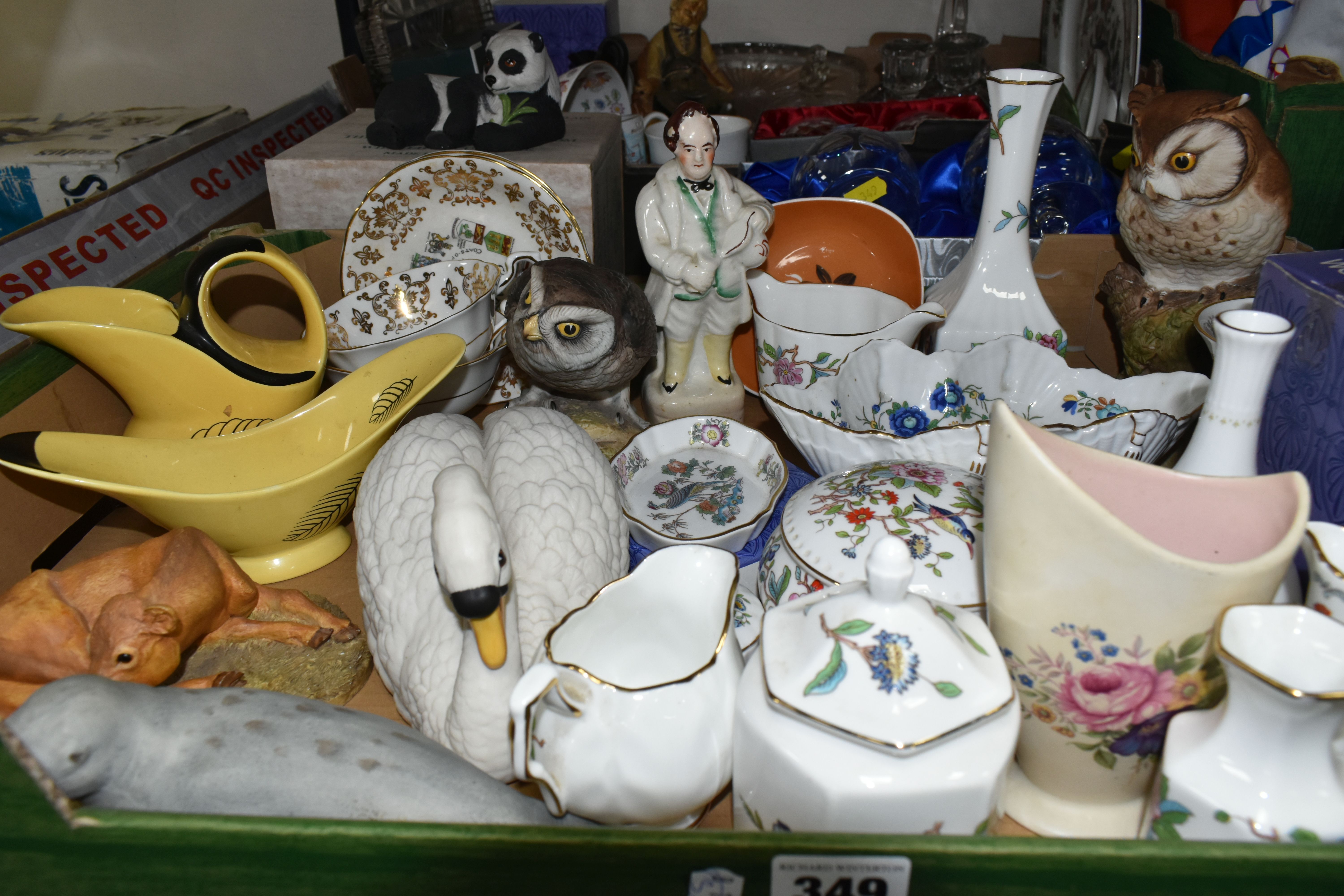 TWO BOXES AND LOOSE CERAMICS AND GLASS WARE, to include a nineteenth century Staffordshire figure of