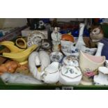 TWO BOXES AND LOOSE CERAMICS AND GLASS WARE, to include a nineteenth century Staffordshire figure of