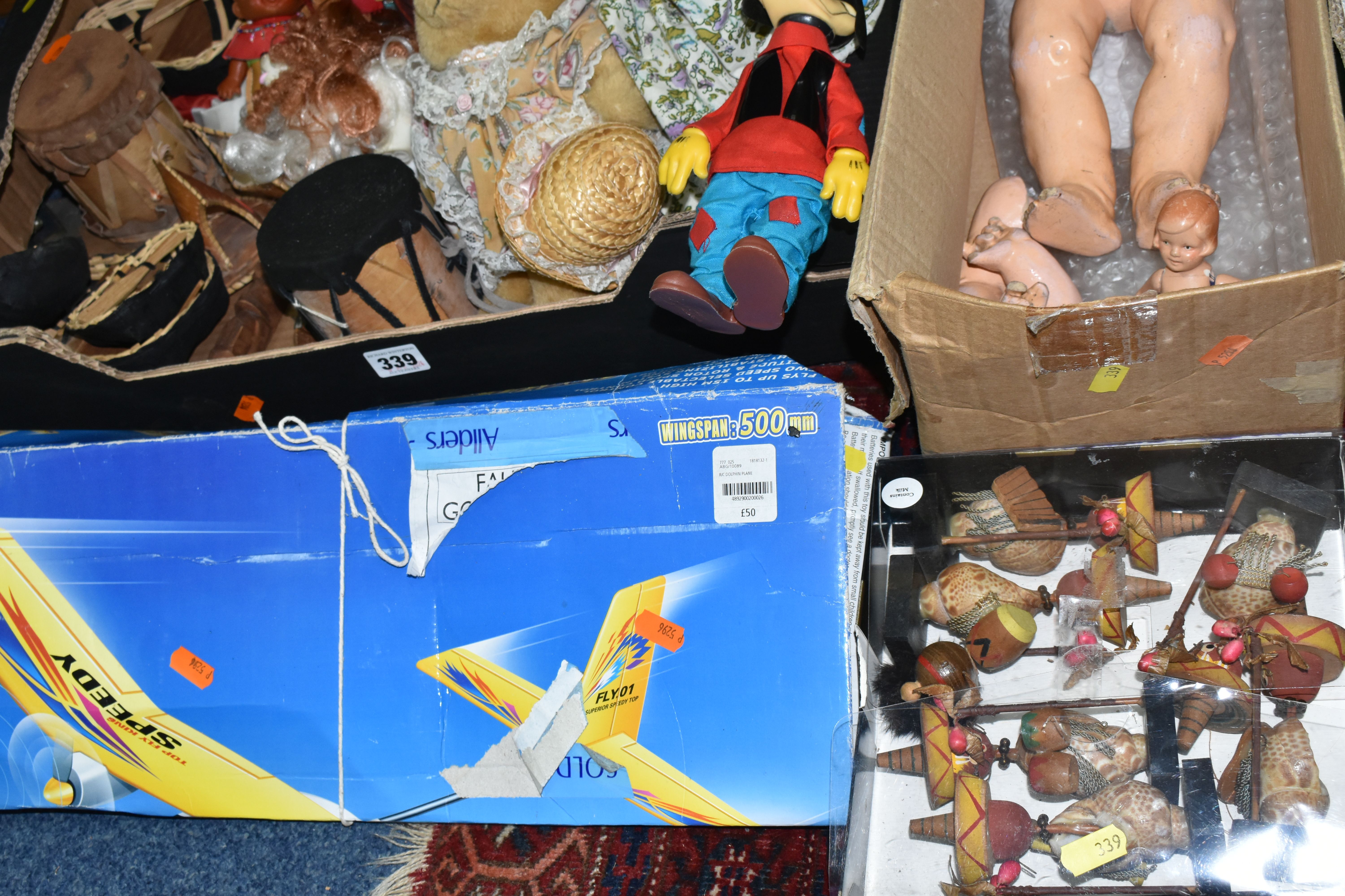 THREE BOXES OF VINTAGE TOYS, DOLLS AND GAMES, to include a porcelain doll with composite body, - Image 2 of 9
