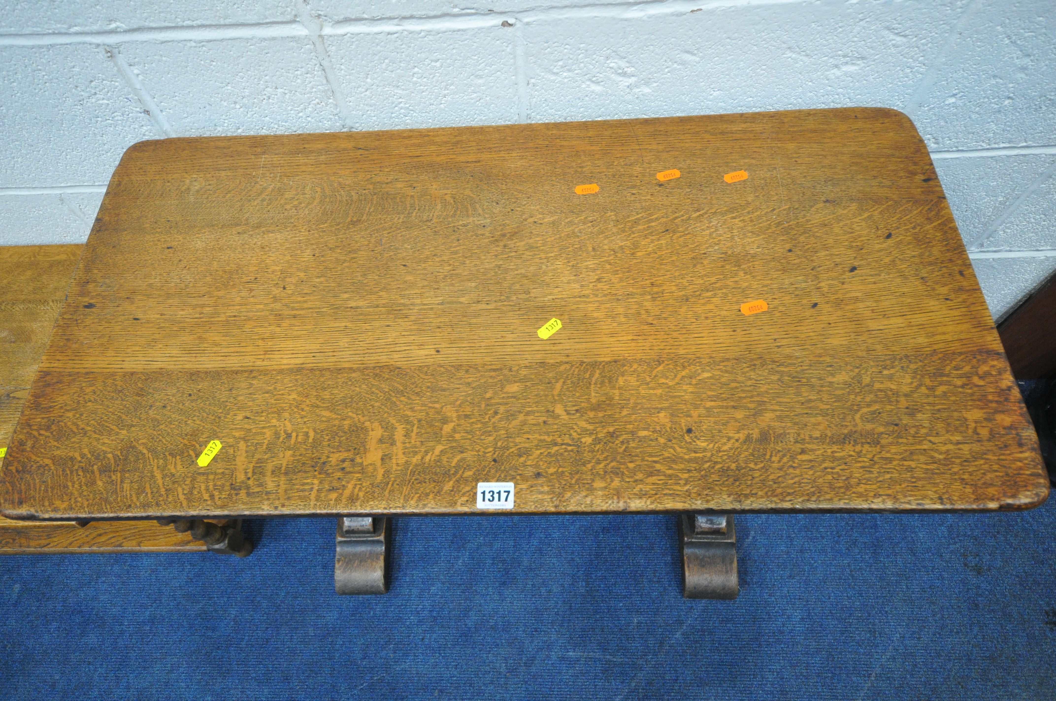 A 20TH CENTURY OAK SIDE TABLE, raised on bulbous turned supports, trestle style feet, united by a - Image 2 of 4