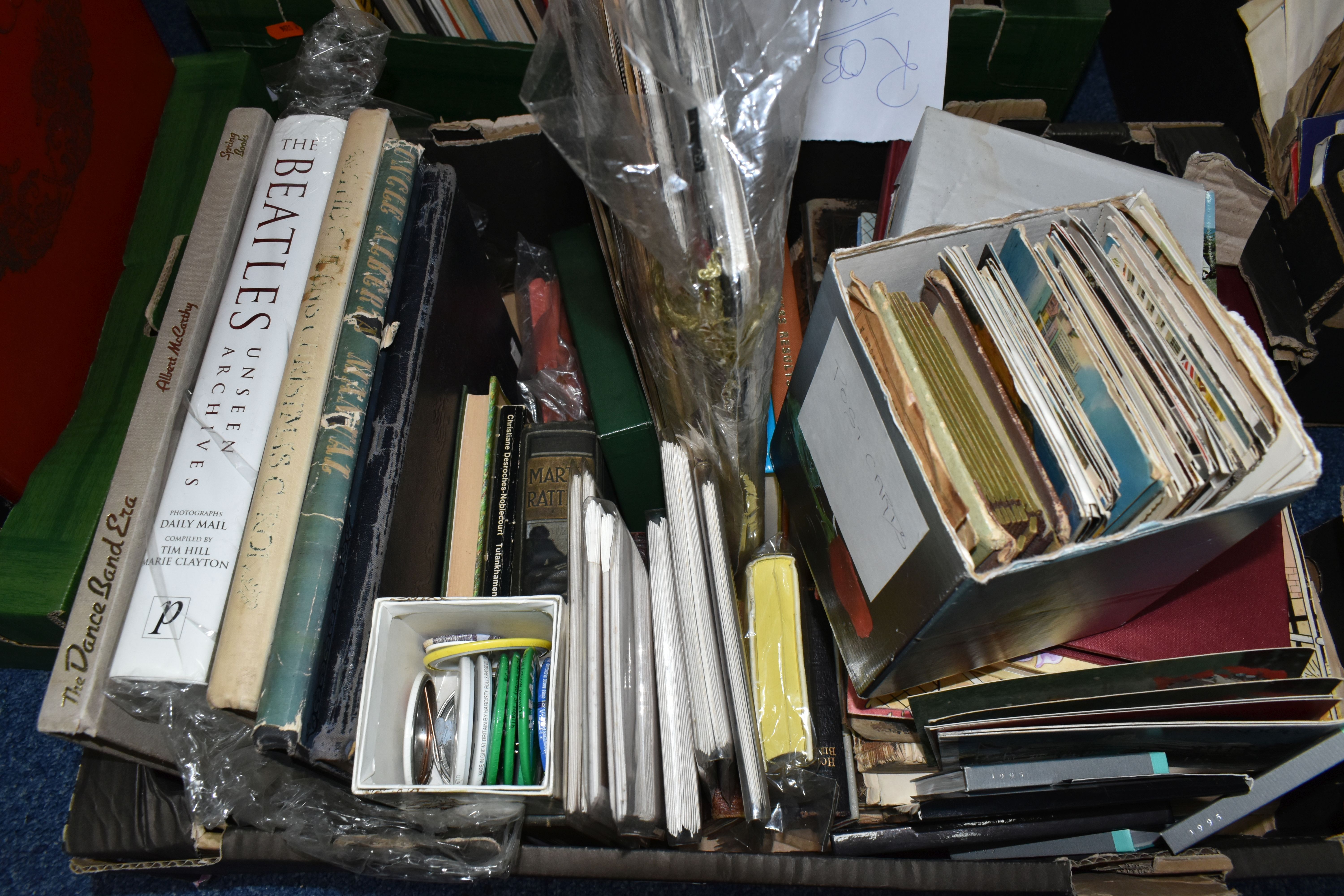 FOUR BOXES OF BOOKS, MAGAZINES & EPHEMERA, to include postcards, greetings cards, badges, calendars, - Image 2 of 13