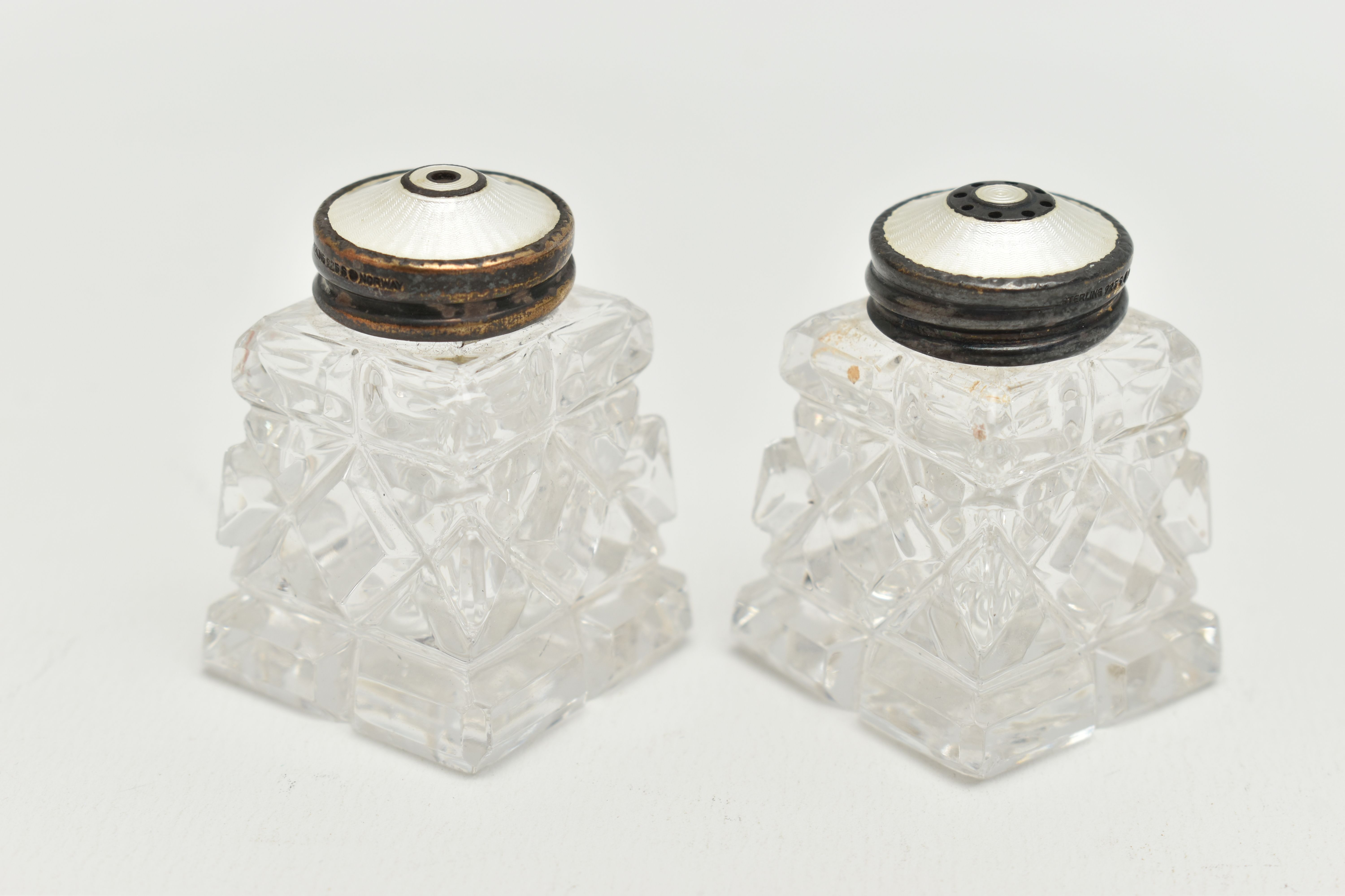 A PAIR OF NORWEGIAN SALT AND PEPPER SHAKERS, two glass shakers, fitted with white metal and white - Image 2 of 4