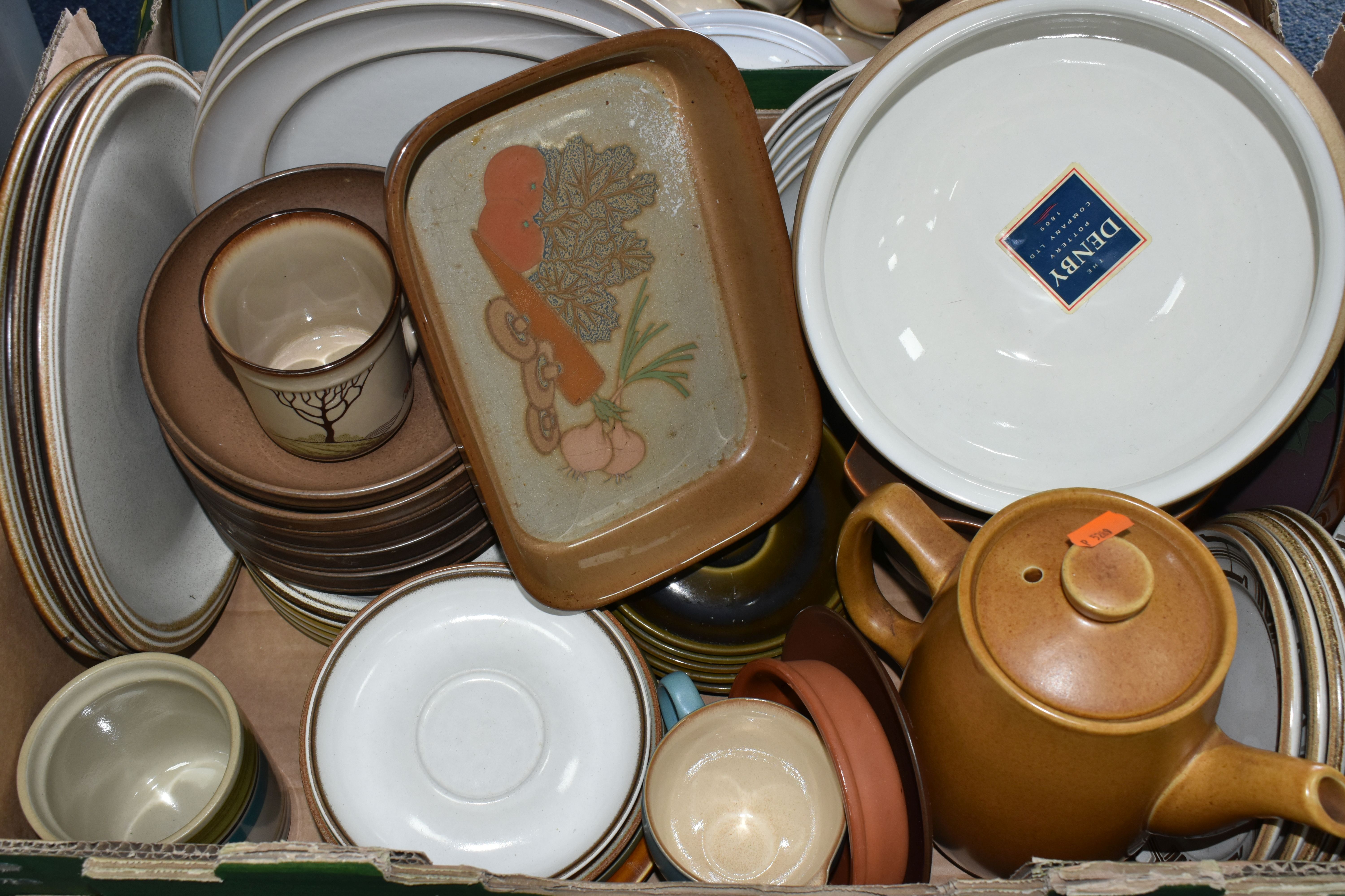 TWO BOXES OF ASSORTED DENBY DINNERWARE, comprising three large 'Luxor' design fruit bowls, 'Savoy' - Image 3 of 5