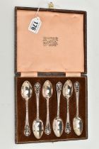 A CASED SET OF SIX SILVER TEASPOONS, floral pattern with open work terminals, each hallmarked '