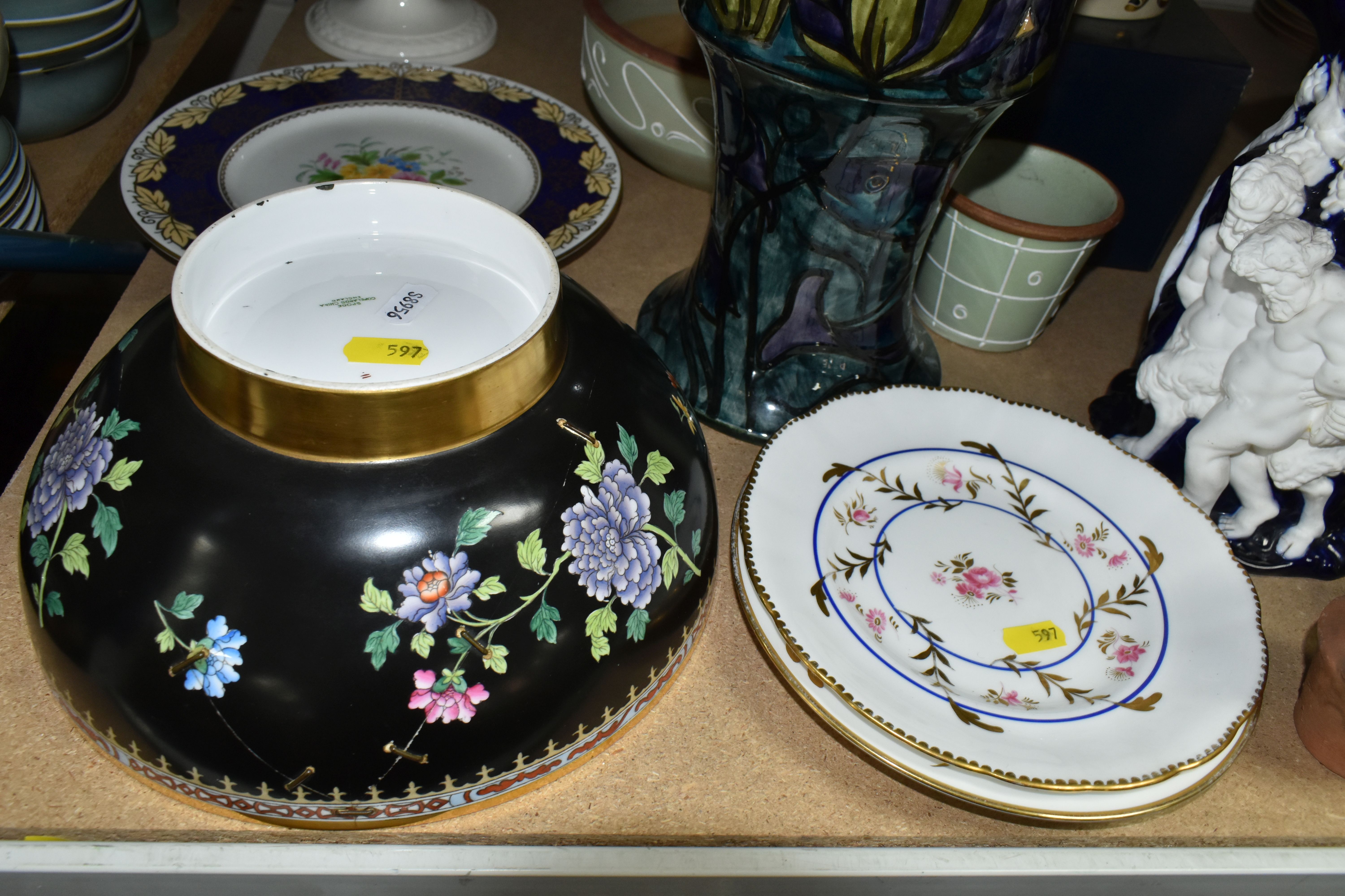 A GROUP OF CERAMICS, comprising a Morris Ware vase decorated in a blue, green and purple fish and - Image 4 of 11