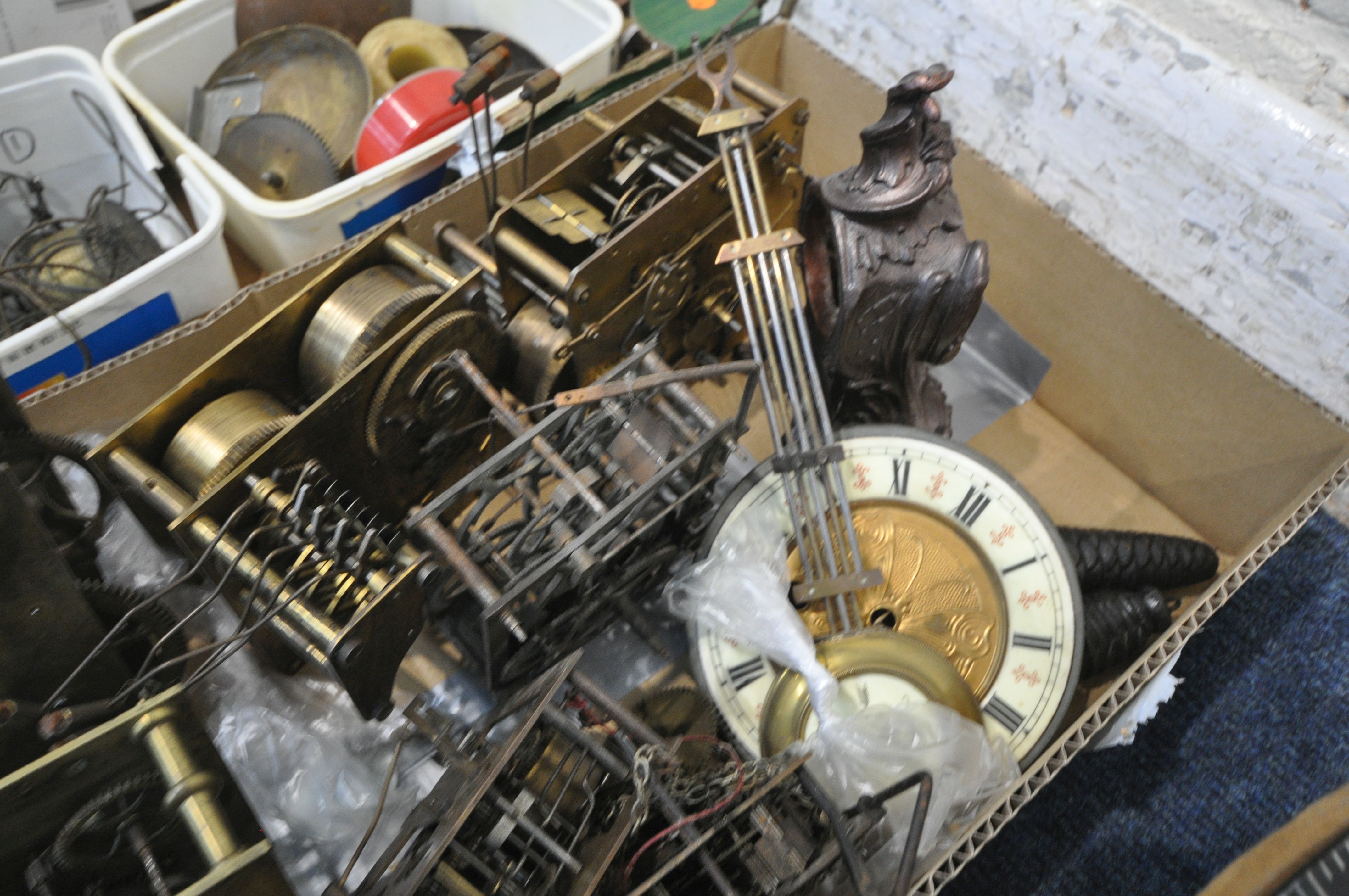 SIX TRAYS CONTAINING WATCHMAKERS TOOLS AND CLOCK PARTS, to include movements, weights, faces, - Image 8 of 19