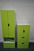 AN IKEA TWO PIECE BEDROOM SUITE, comprising a wardrobe with two cupboard doors, above two drawers,