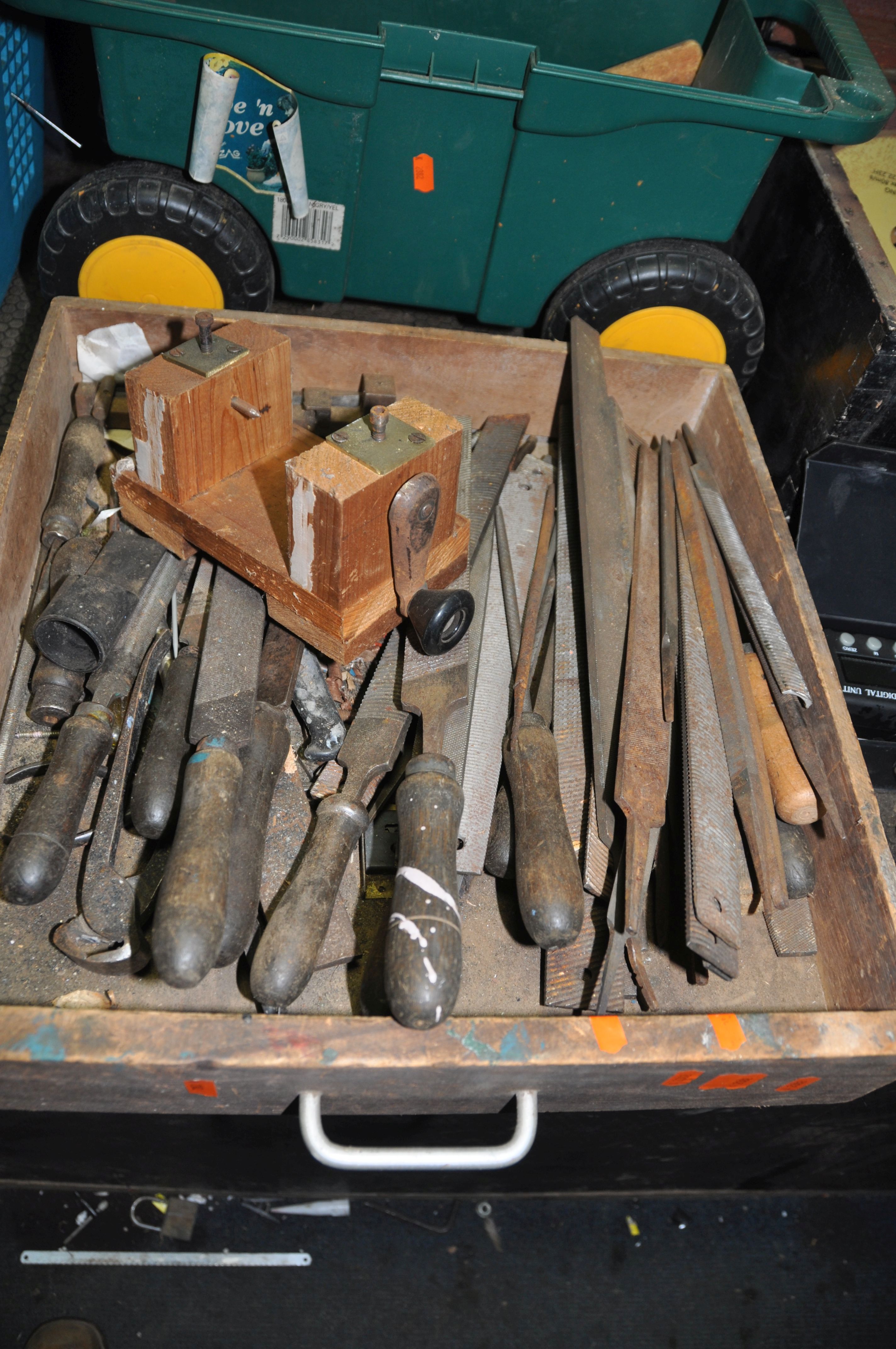 A WOODEN BOX, A TRAY AND TWO PLASTIC BOXES CONTAINING TOOLS including files, rasps, taps and dies - Image 3 of 6
