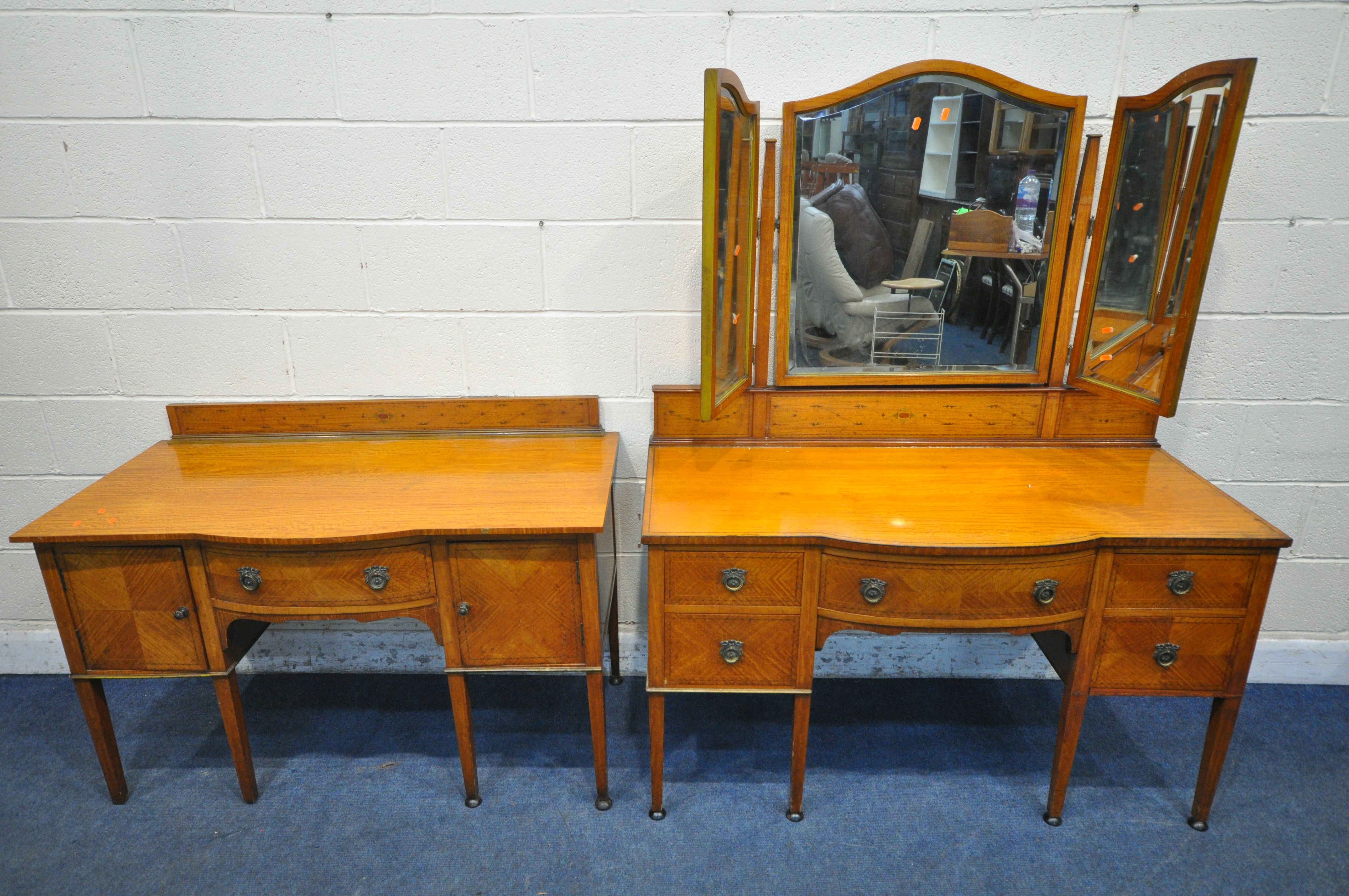 A LATE 19TH CENTURY SHERATON STYLE SATINWOOD AND MARQUETRY INLAID DRESSING TABLE, with triple