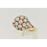 A 9CT GOLD OPAL CABOCHON DOME RING, circular dome set with circular cut opal cabochons,