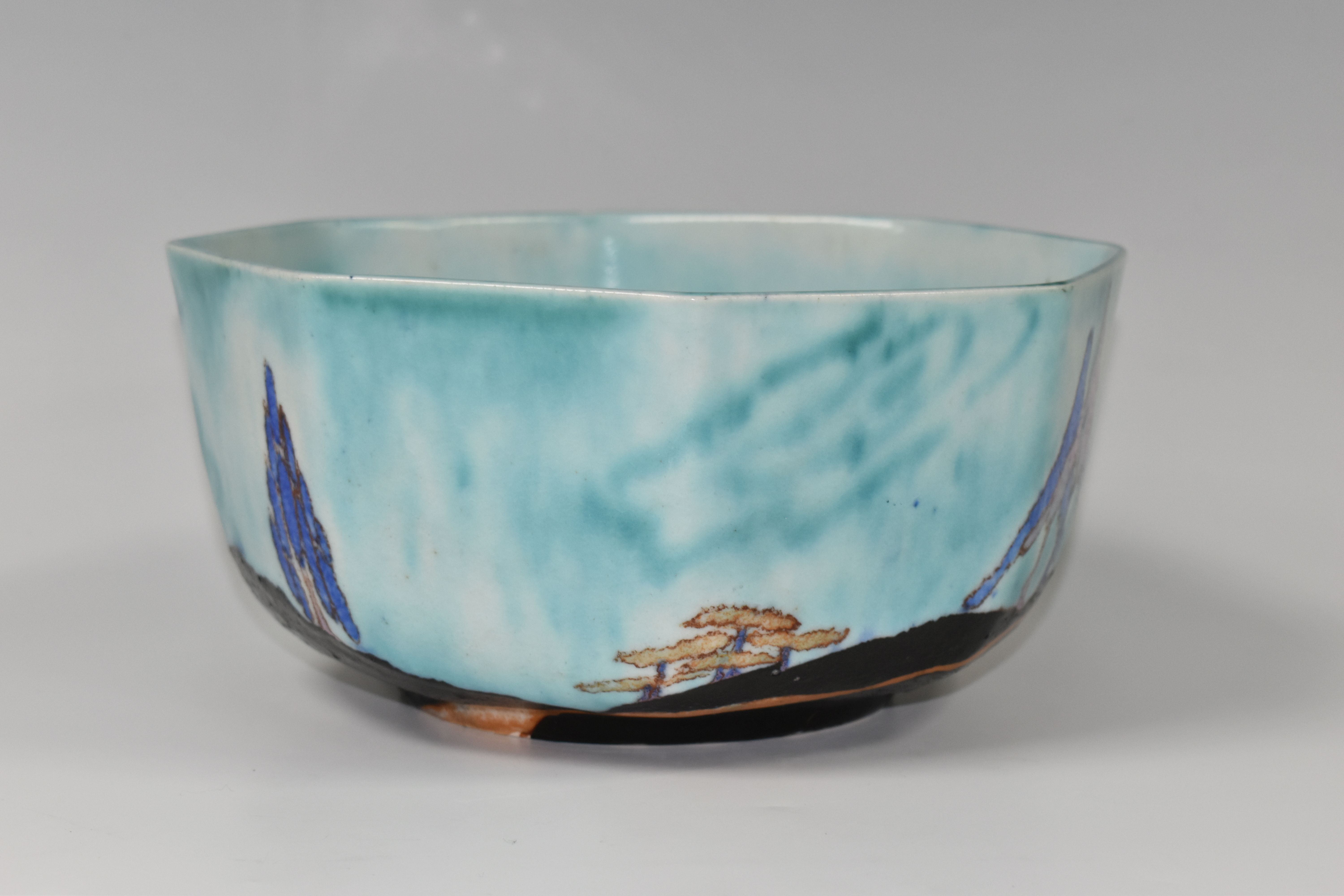 A CLARICE CLIFF INSPIRATION - CAPRICE BOWL, the octagonal bowl decorated with a stylised landscape - Image 2 of 8