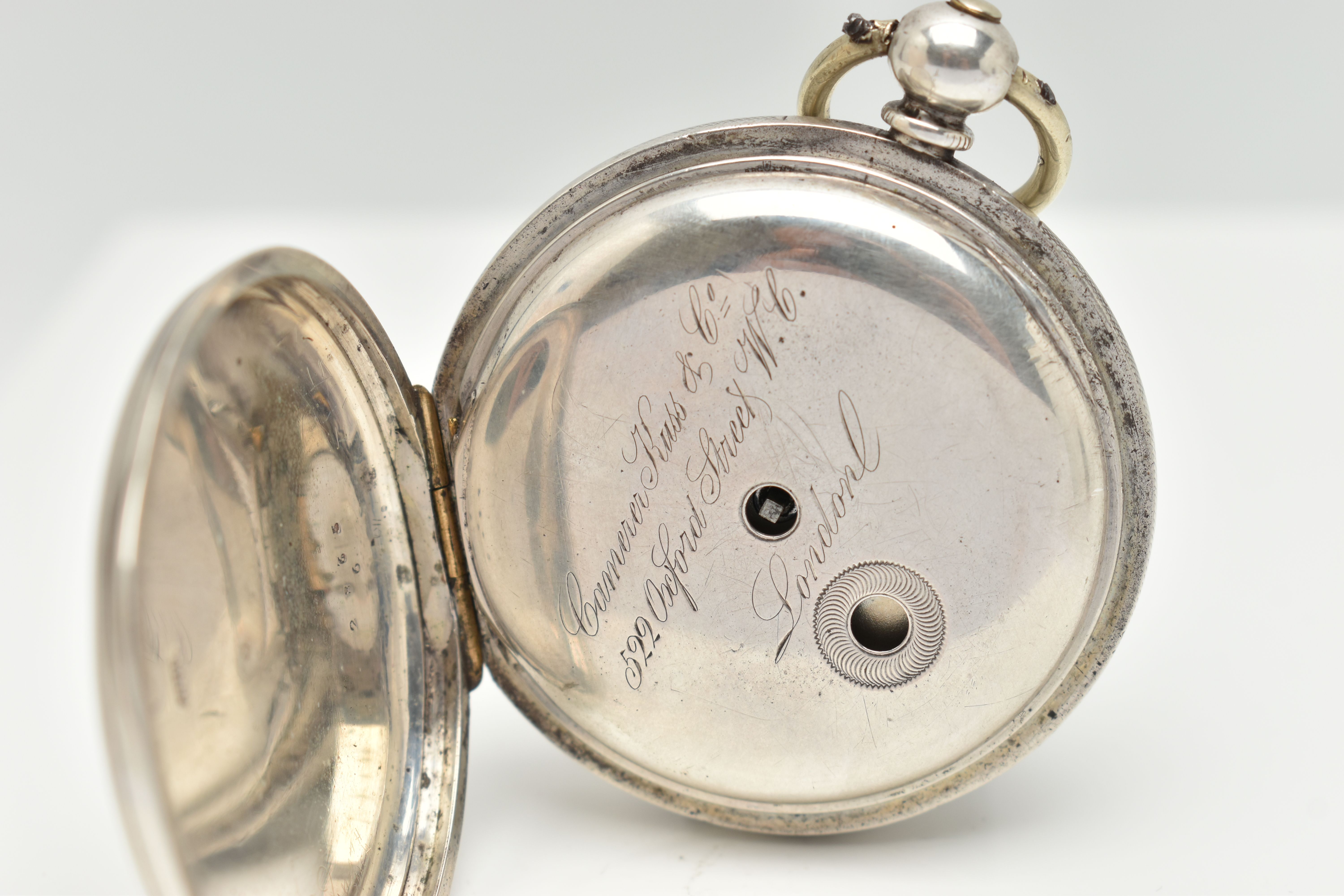A WHITE METAL FULL HUNTER POCKET WATCH, key wound, engine turned pattern with vacant cartouche, - Image 4 of 5