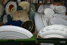 TWO BOXES OF ASSORTED DENBY DINNERWARE, comprising 'Melody' pattern dinner plates and oven dishes,