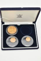 A ROYAL MINT BOX CONTAINING 3X GOLD COINS, to include an 1887 £5, 22ct gold, 39.94 grams, 36.02mm