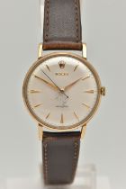 A 9CT GOLD 'ROLEX' WRISTWATCH, hand wound movement, round white dial, signed 'Rolex Precision',