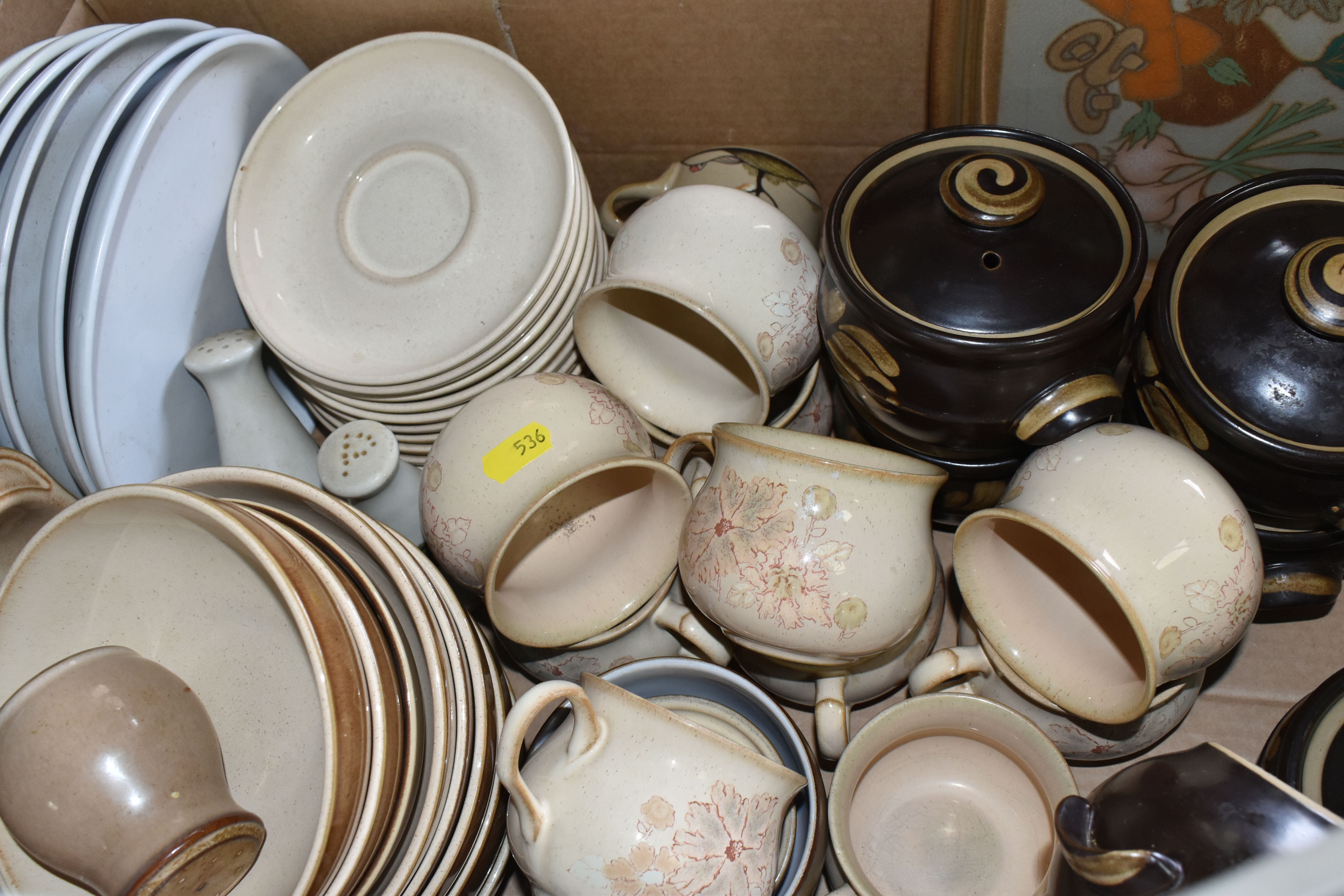 TWO BOXES OF ASSORTED DENBY DINNERWARE, comprising three large 'Luxor' design fruit bowls, 'Savoy' - Image 4 of 5