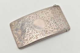 A LATE VICTORIAN SILVER CARD CASE, rectangular form, foliate pattern with vacant cartouche, hinged
