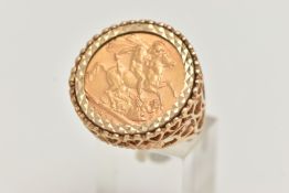 A FULL SOVEREIGN RING, a 1910 George and the Dragon full sovereign, Edward VII to the obverse,