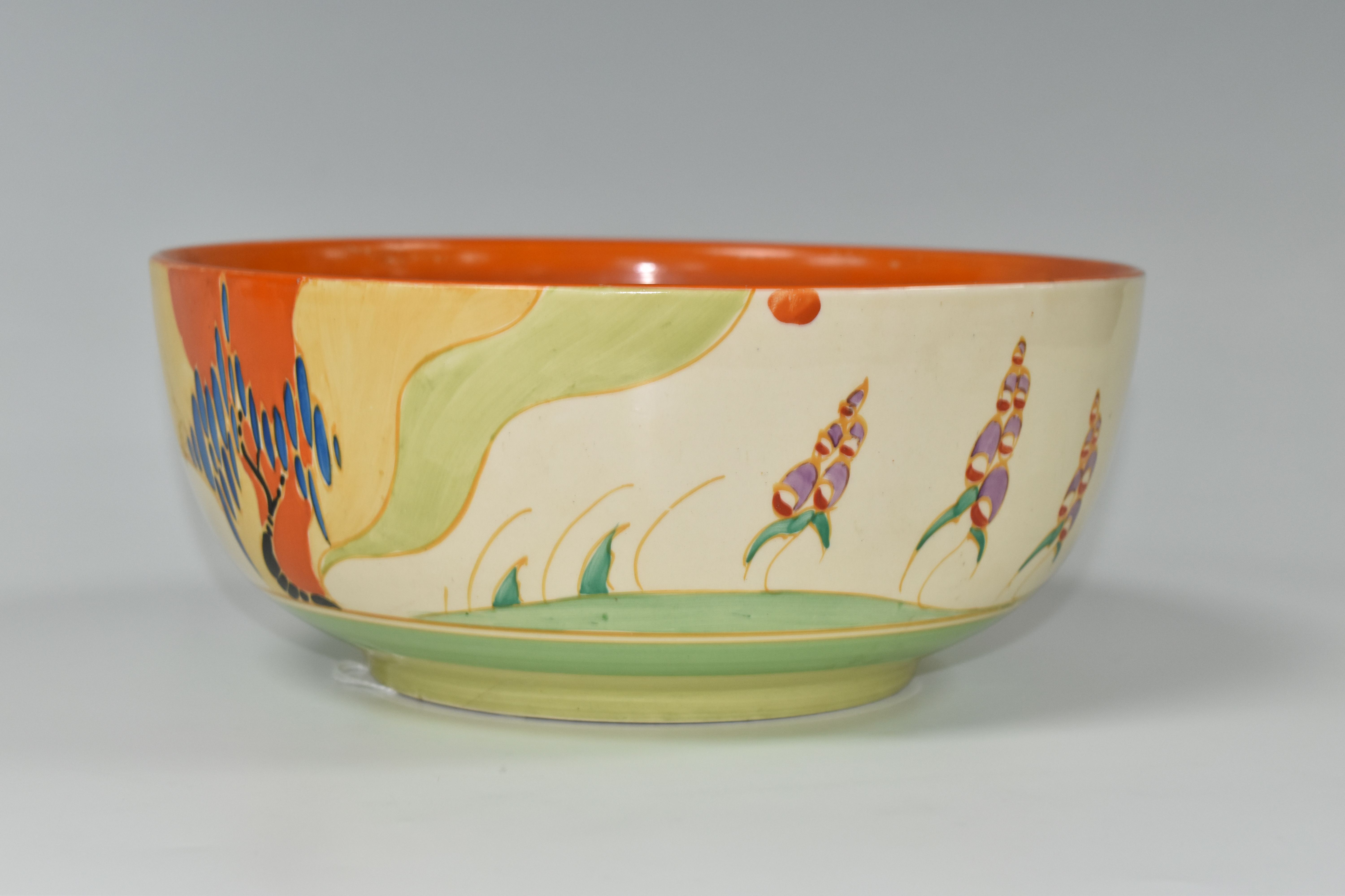 A CLARICE CLIFF 'WINDBELLS' DESIGN BOWL, with a vibrant orange, yellow, green and cream banding on - Image 3 of 7
