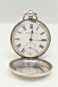 A WHITE METAL FULL HUNTER POCKET WATCH, key wound, engine turned pattern with vacant cartouche,