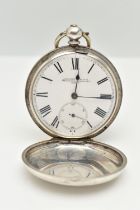 A WHITE METAL FULL HUNTER POCKET WATCH, key wound, engine turned pattern with vacant cartouche,