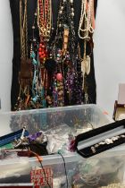 A BOX OF ASSORTED COSTUME JEWELLERY AND ITEMS, to include beaded necklaces, earrings, rings,