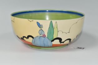 A CLARICE CLIFF 'APPLIQUE IDYLL' CRINOLINE LADY FRUIT BOWL, diameter 21cm, black printed