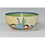 A CLARICE CLIFF 'APPLIQUE IDYLL' CRINOLINE LADY FRUIT BOWL, diameter 21cm, black printed