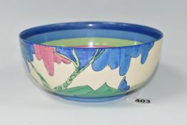 A CLARICE CLIFF BIZARRE RUDYARD PATTERN BOWL, the interior with painted bands of shades of blue,