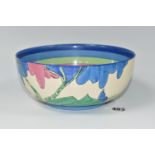 A CLARICE CLIFF BIZARRE RUDYARD PATTERN BOWL, the interior with painted bands of shades of blue,