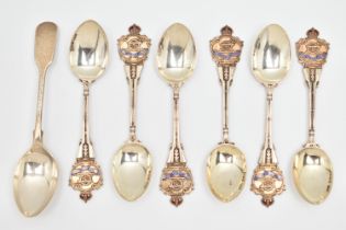 A SELECTION OF SILVER TEASPOONS, to include a set of six Bombay Volunteer Artillery teaspoons with