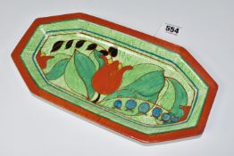 A CLARICE CLIFF BIZARRE RED TULIP PATTERN CAFE AU LAIT SANDWICH TRAY, shape NO. 344, hand painted