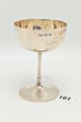 A SILVER CHAMPAGNE COUPE GLASS, polished design, thin stem on a round base, hallmarked 'Bert & Co'