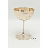 A SILVER CHAMPAGNE COUPE GLASS, polished design, thin stem on a round base, hallmarked 'Bert & Co'