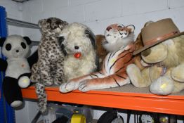 A COLLECTION OF LARGE SOFT TOY ANIMALS, comprising a 'Merrythoughts' seated leopard, height 60cm
