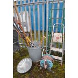 A SELECTION OF GARDEN TOOLS AND A GALVANISED BIN including a small aluminium step, a hose reel,