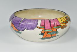 A CLARICE CLIFF 'LATONA' BOWL, with stylised angel's trumpet decoration, orange and purple band to