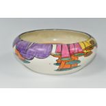 A CLARICE CLIFF 'LATONA' BOWL, with stylised angel's trumpet decoration, orange and purple band to