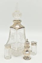 FOUR ITEMS, to include a tall glass scent bottle with silver collar and glass stopper, hallmarked '