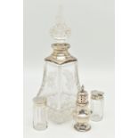 FOUR ITEMS, to include a tall glass scent bottle with silver collar and glass stopper, hallmarked '