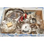 A BOX OF ASSORTED WHITE METAL WARE, to include entree dish, raised bowl, pierced dish, a four