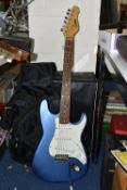 AN ENCORE SIX STRING ELECTRIC GUITAR, metallic blue and white, length 100cm approx., with a Ritter