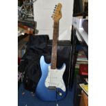 AN ENCORE SIX STRING ELECTRIC GUITAR, metallic blue and white, length 100cm approx., with a Ritter