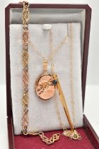 THREE PIECES OF JEWELLERY, to include a 9ct gold oval locket pendant, decorated with a floral