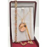 THREE PIECES OF JEWELLERY, to include a 9ct gold oval locket pendant, decorated with a floral