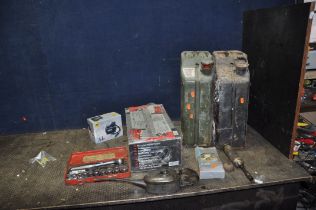 A COLLECTION OF AUTOMOTIVE TOOLS including a brand new still packaged 2 tonne trolley jack, two '