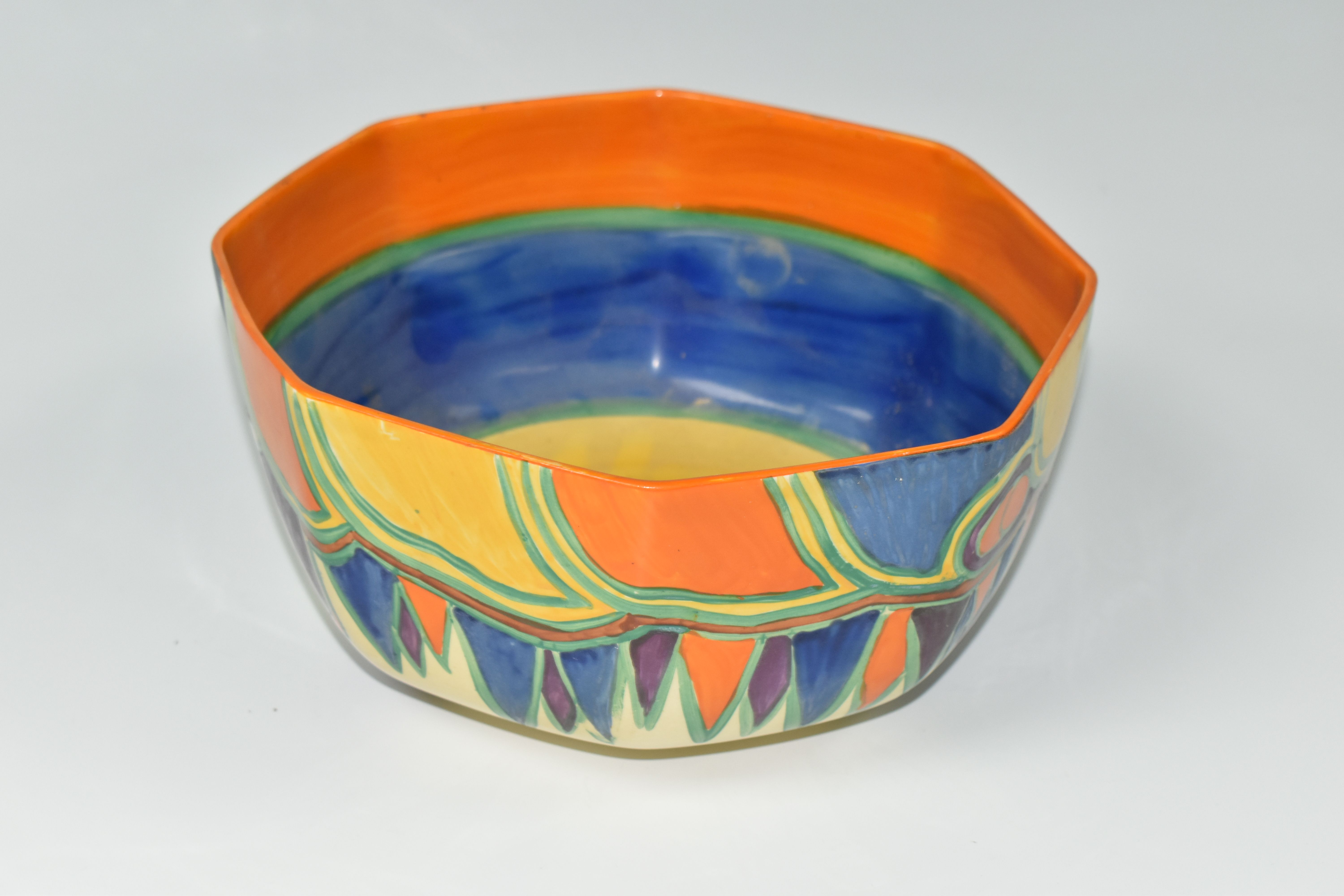 A CLARICE CLIFF BIZARRE KANDINA OCTAGONAL BOWL, the interior painted with bands of orange, green, - Image 2 of 7