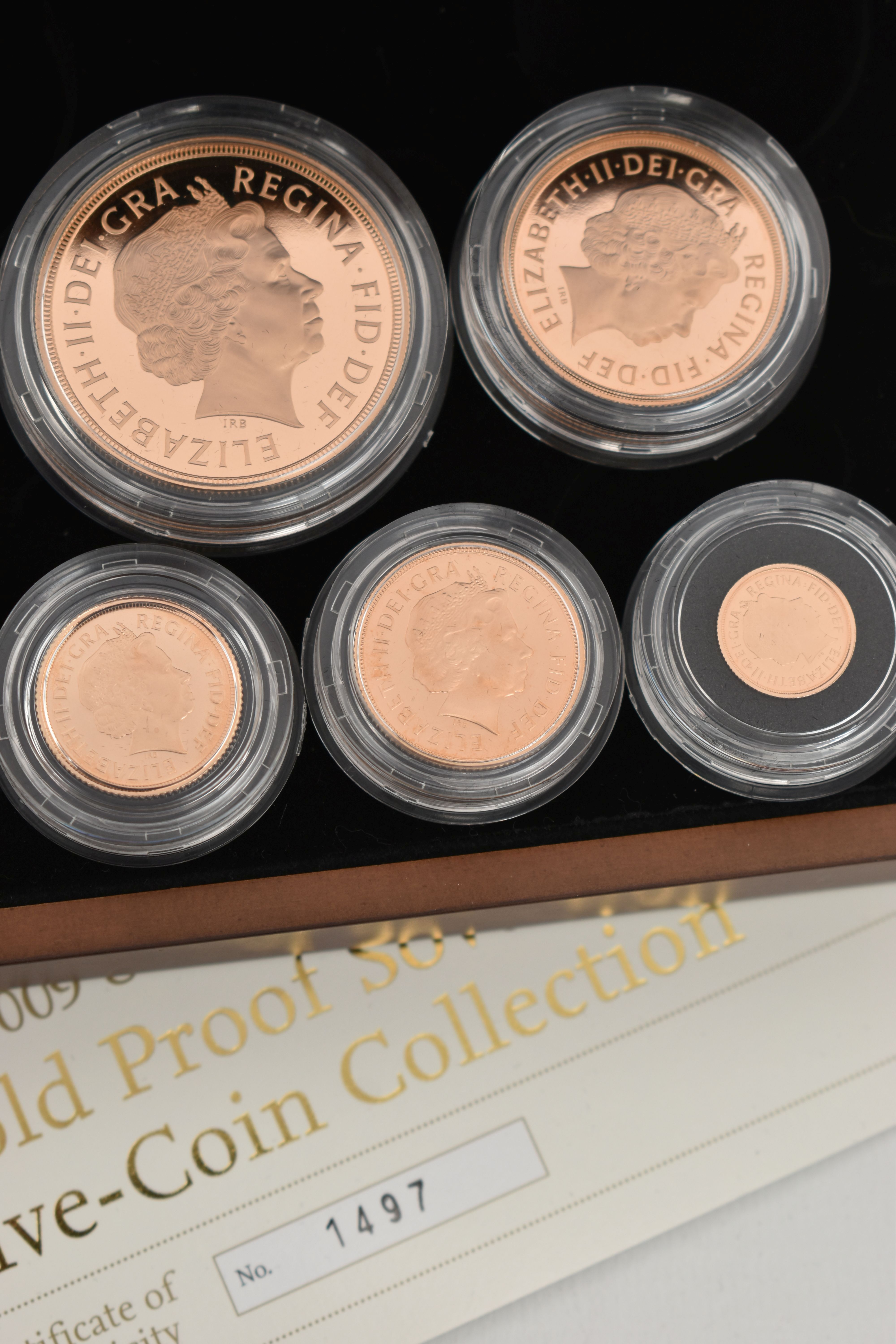 A 2009 ROYAL MINT GOLD PROOF FIVE-COIN COLLECTION, to include Gold Proof £5, Double Sovereign, - Image 5 of 5