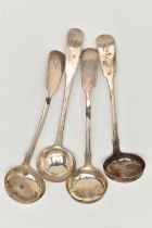 FOUR EARLY VICTORIAN SILVER LADLES, fiddle pattern ladles, each engraved with an initial 'L' to