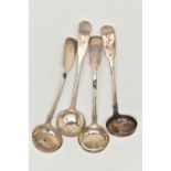 FOUR EARLY VICTORIAN SILVER LADLES, fiddle pattern ladles, each engraved with an initial 'L' to